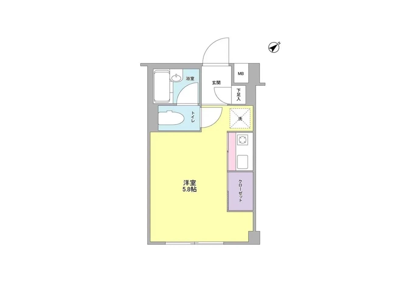 シンプルで機能的な間取り図、5.8帖の洋室とクローゼット、ユニットバスを備えたコンパクトな住居設計