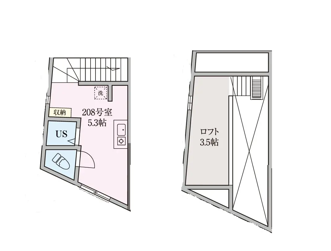 建築図面のイラスト、5.3畳の洋室と3.5畳のロフトが特徴の間取り図