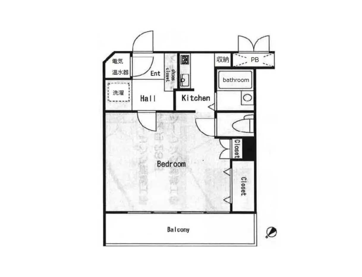 ワンルームマンションの間取り図、ベッドルーム、キッチン、バルコニー、バスルームを含む詳細プラン