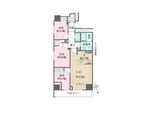 一戸建ての間取り図、3LDK、リビングダイニングキッチン12帖、洋室3部屋、バルコニー付き