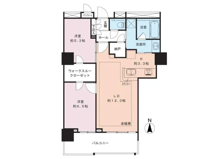 コンパクトな間取り図、ウォークインクローゼット付きの寝室、独立型キッチン、ユーティリティスペース、北向きのリビングダイニング