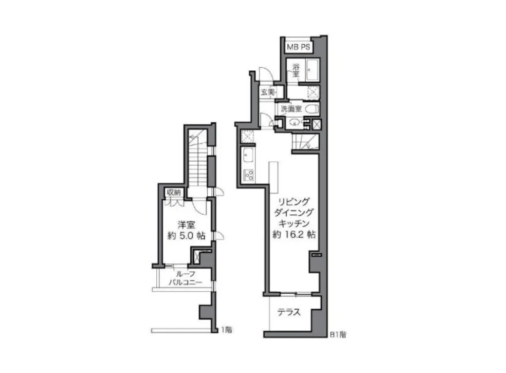 二階建ての家の間取り図、リビングダイニングキッチンと寝室を含む詳細なレイアウト