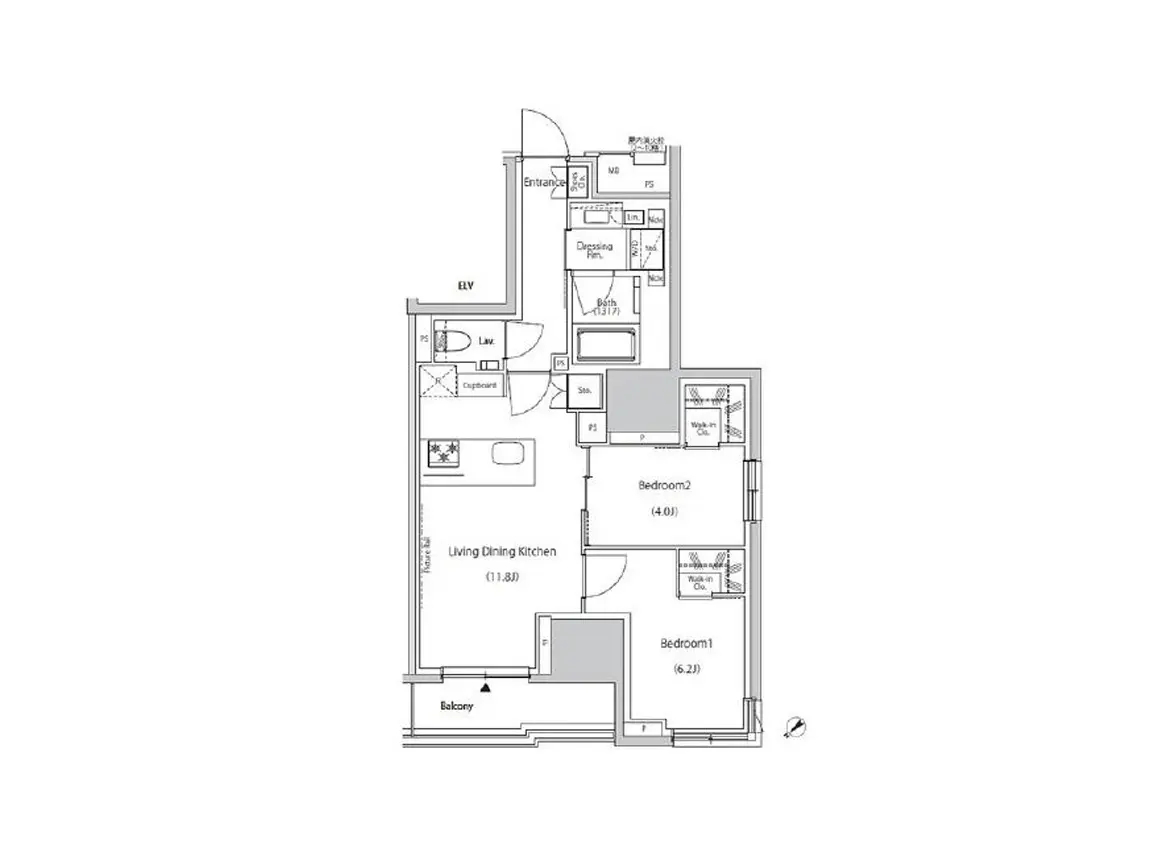 明瞭でシンプルな間取り図、リビングダイニングキッチンと2つのベッドルーム、バルコニー付きのマンションプラン