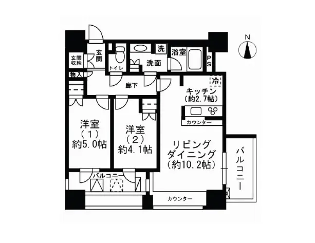 間取り図と方位表示、2LDK、キッチン、バスルーム、クローゼットの配置が含まれた新築マンションのプラン