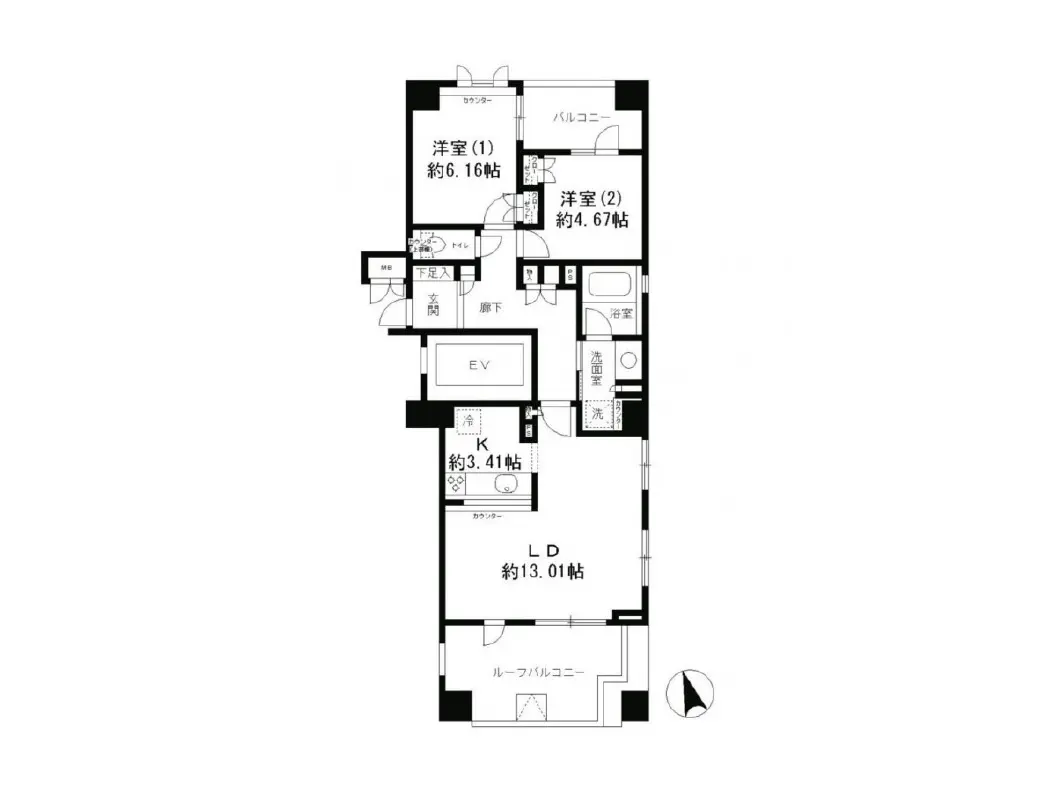 分かりやすい間取り図、二つの寝室、キッチン、リビングダイニングエリアが特徴の住宅設計プラン