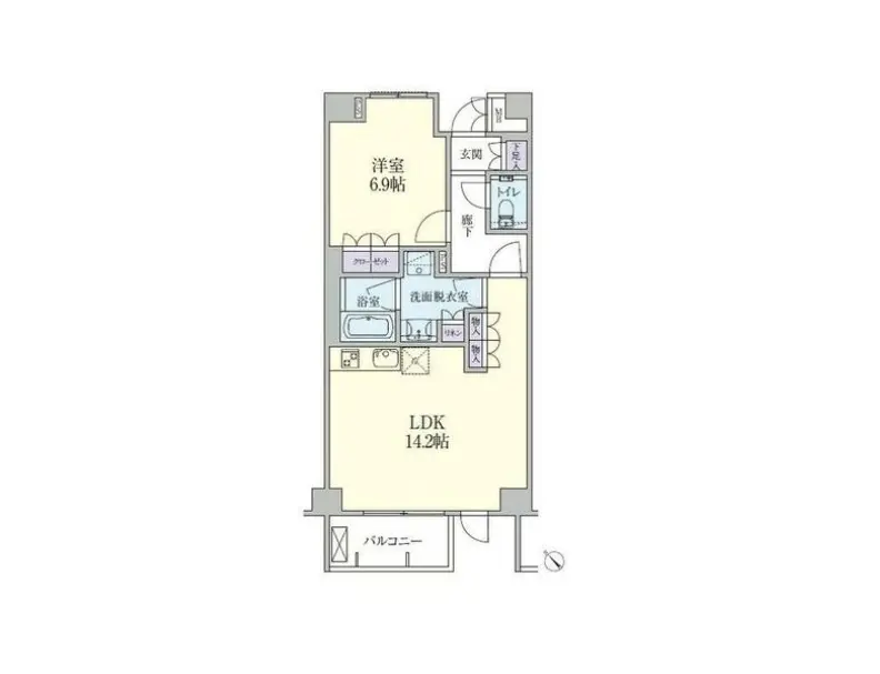 明確な間取り図、LDK 14帖に寝室とバスルームが備わるコンパクトな住居設計