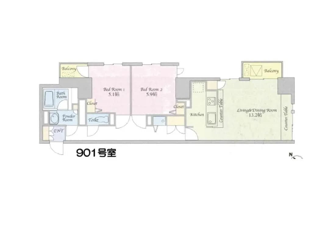 2LDKの間取り図、バルコニー付きの明るいアパートプラン、901号室