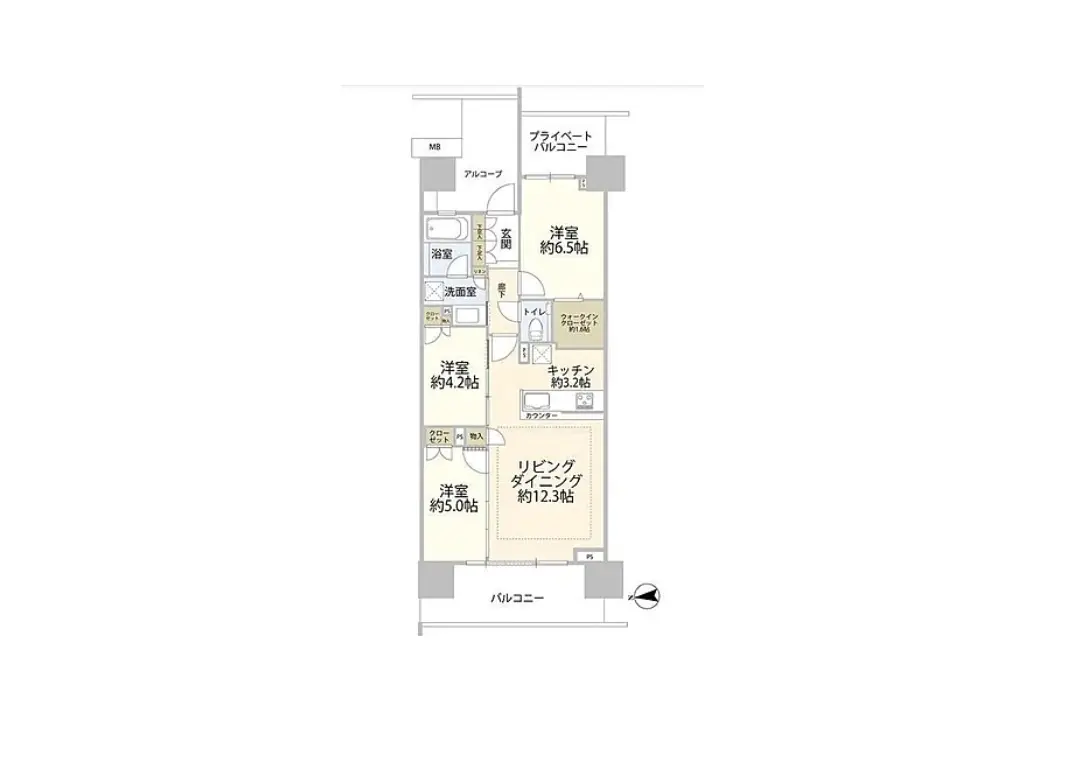 新築マンションの間取り図、2LDK、リビングダイニングと洋室が明確に分かれた設計