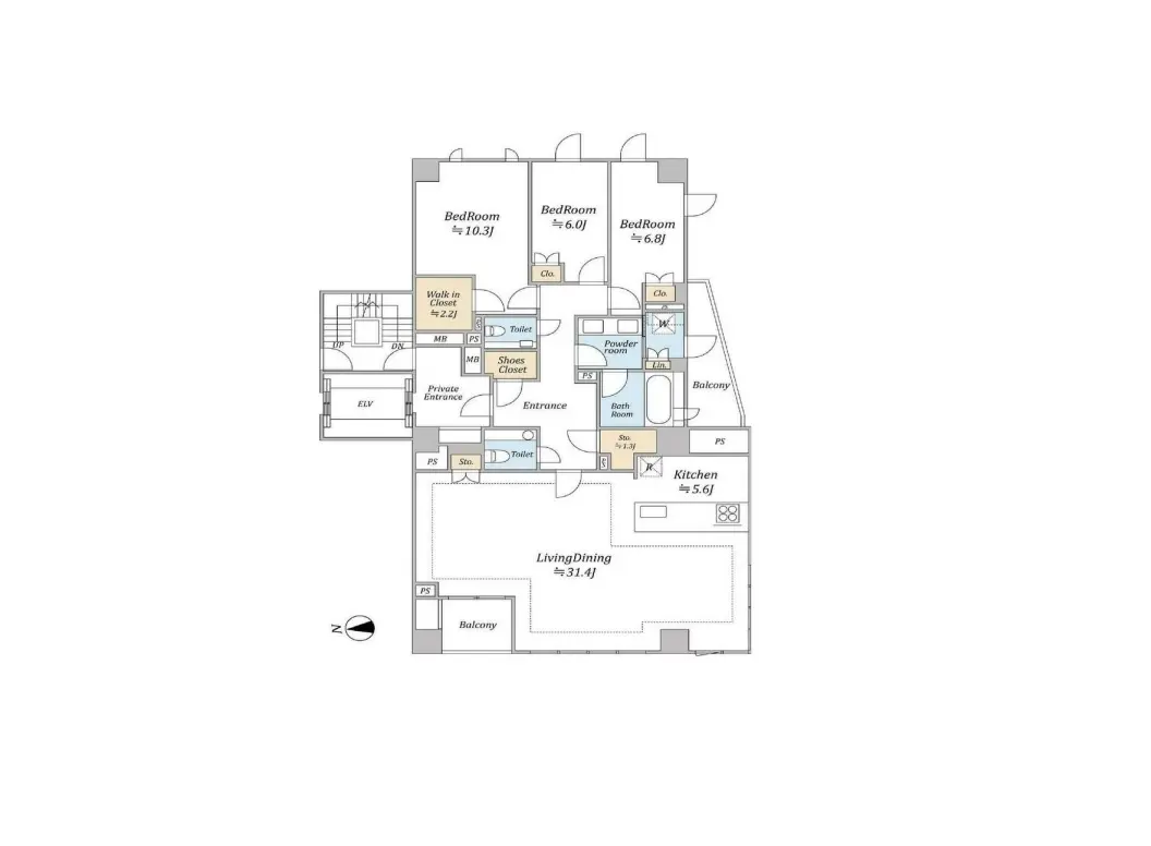 広々としたマンションの間取り図、リビングダイニング、キッチン、複数のベッドルームとバルコニーが含まれるデザイン
