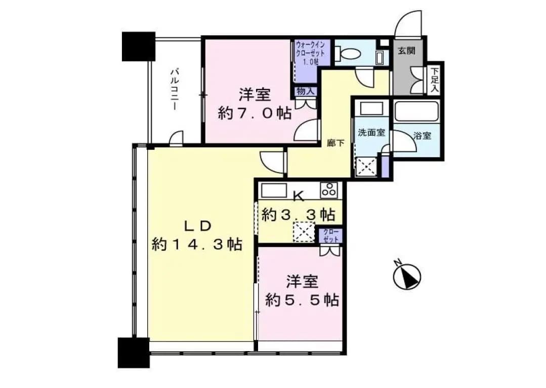 明瞭な色分けで表示された３LDKの間取り図、広々としたリビングダイニングと個室の詳細、北向きの住宅設計
