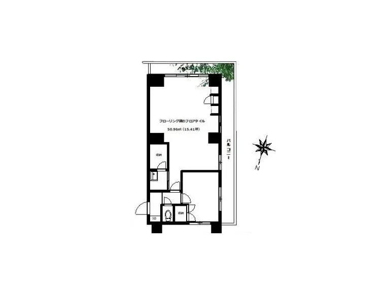 ワンルームマンションの間取り図、50.96平方メートル、コンパクトなキッチンとバスルーム付き