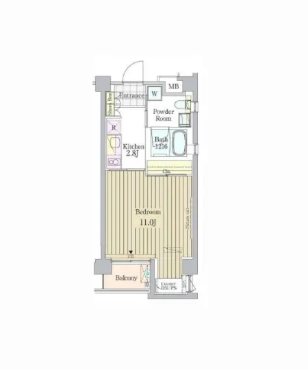 新築のワンルームマンション間取り図、キッチン、バスルーム、ベッドルーム、バルコニー付き