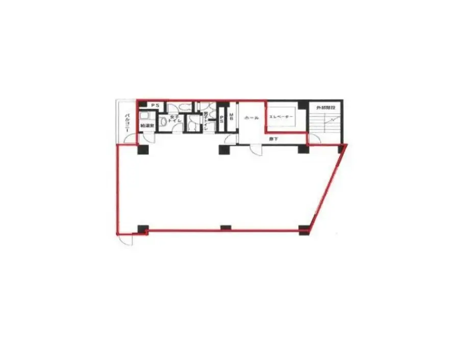 シンプルな間取り図、赤と黒の線で描かれた建物の平面図、部屋の配置とサイズが示されている建築計画図