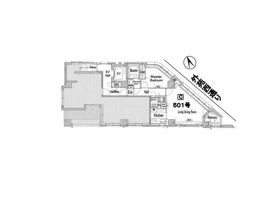 分かりやすい間取り図、マスターベッドルーム、リビングダイニングルーム、キッチン、浴室付きのモダンなアパートメントデザイン