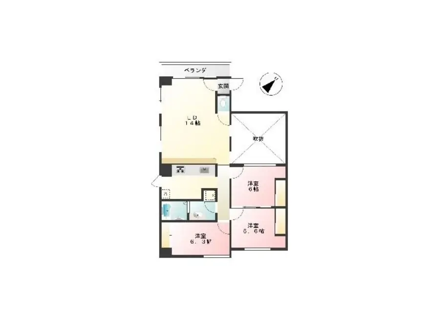 コンパクトな間取り図、リビングダイニングキッチン14帖、洋室6帖、バス・トイレ別、洗面所付き