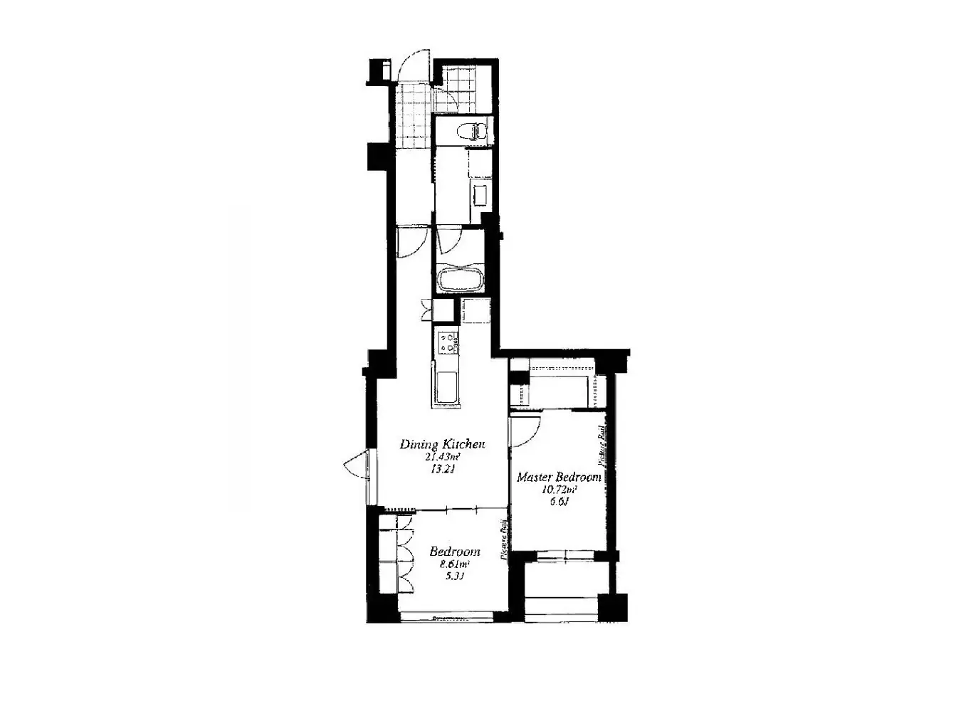 モダンな住宅のフロアプラン図、寝室やダイニングキッチンのレイアウトが記載された設計図