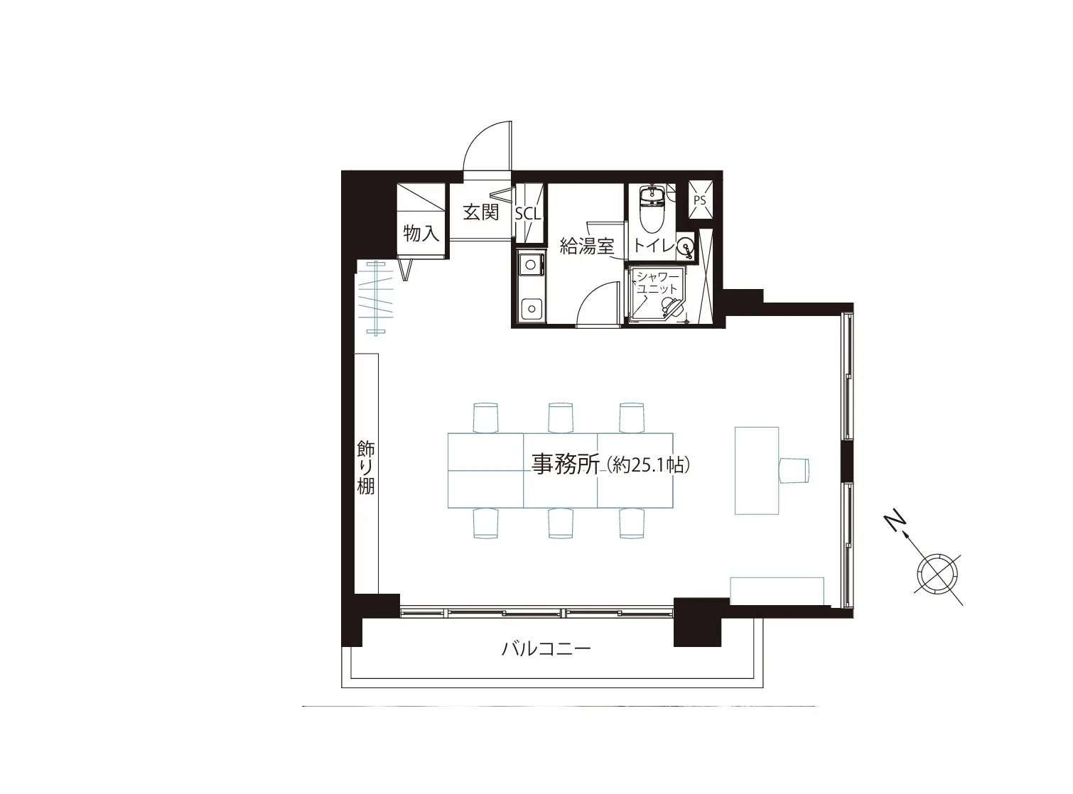 2LDKの間取り図、バルコニー付きの広々リビングダイニング、専有面積25.1平米