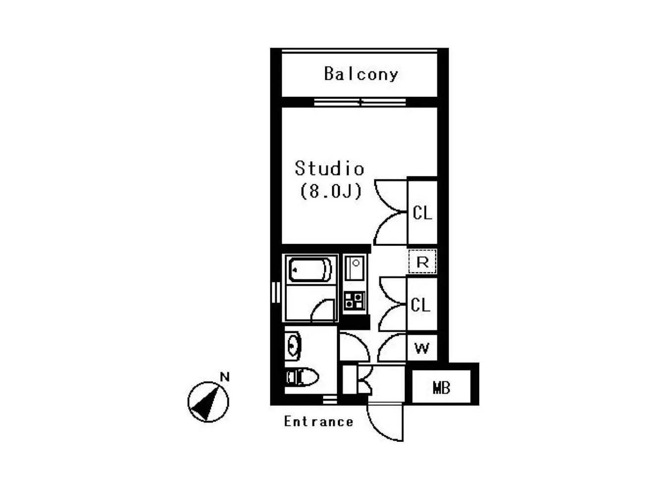 スタジオタイプの間取り図、バルコニーと入り口が示されたシンプルなアパート設計図