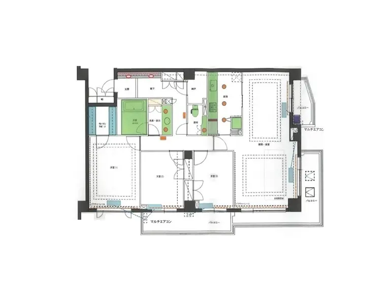 カラフルな家具と配置が描かれたシンプルなマンションの間取り図