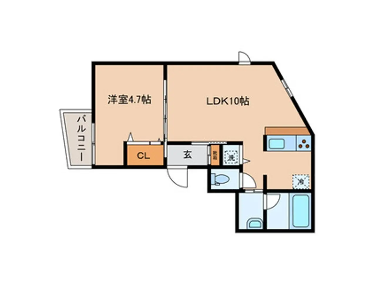 シンプルな間取り図、ワンルームにLDKと寝室を兼ね備えたコンパクトな設計