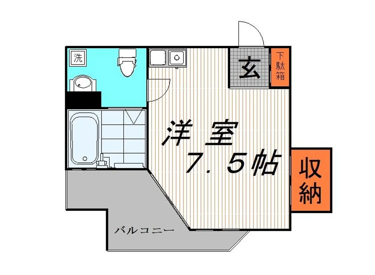 7.5畳の広さがある和室の間取り図、隣に4.5畳のバルコニー付き