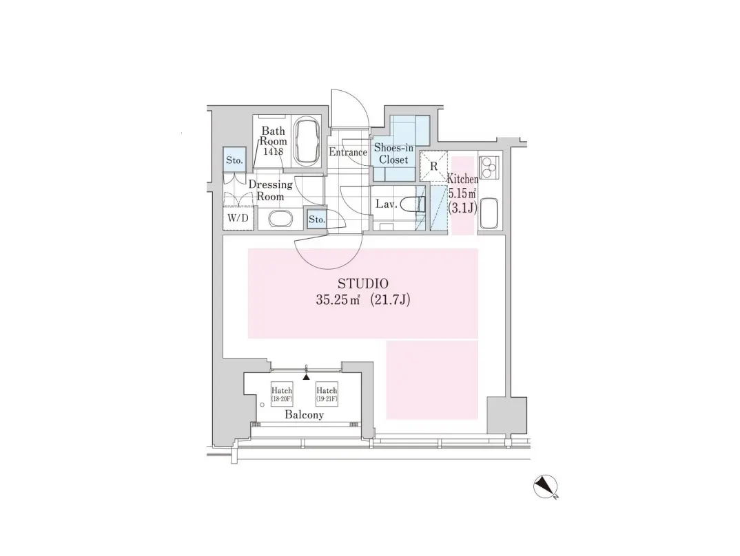 スタジオアパートの間取り図、総面積35.25平米、バルコニー付き、風呂、トイレ、キッチン、洗面所、クローゼットの詳細表示