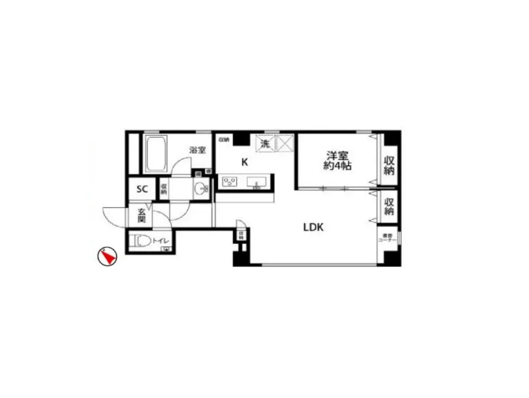 住宅の間取り図、LDKや浴室、寝室が記載されたシンプルなフロアプラン