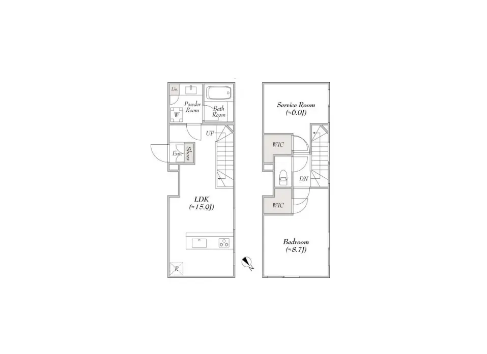 二階建て住宅の間取り図、LDKや寝室、サービスルームが記載されたシンプルな設計図