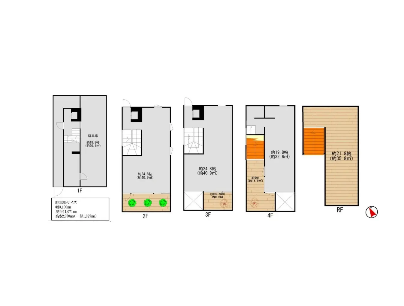 5階建てビルの平面図、各階の間取りと面積表示、屋上への階段と広いテラススペース
