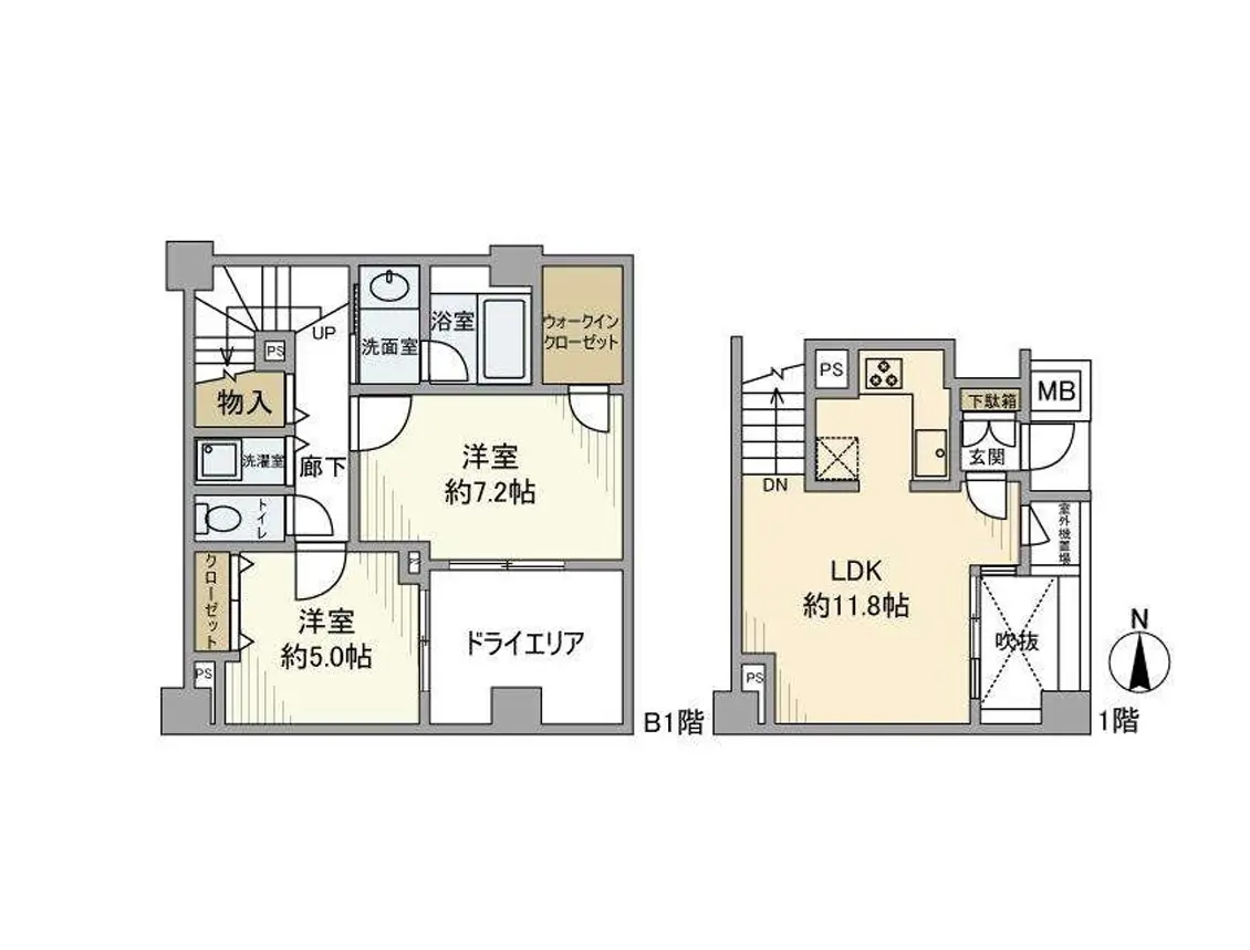 二階建て住宅の間取り図、明示された部屋の用途と広さ、吹き抜けと階段の配置