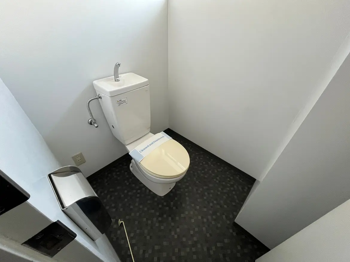 シンプルなデザインのトイレと手洗い器、モダンな床のタイル、壁に取り付けられたティッシュホルダー