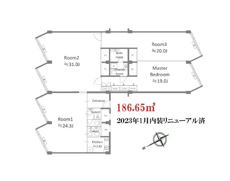186.65平方メートルの広々とした間取り図、2023年1月内装リニューアル済み
