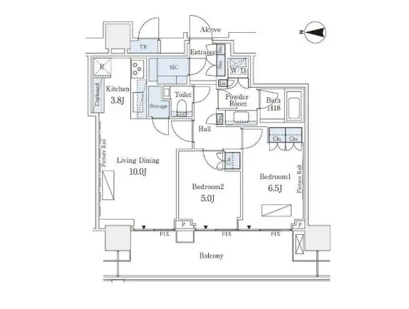 明るいリビングダイニング、2つの寝室、キッチンとバスルームがある機能的な間取り図