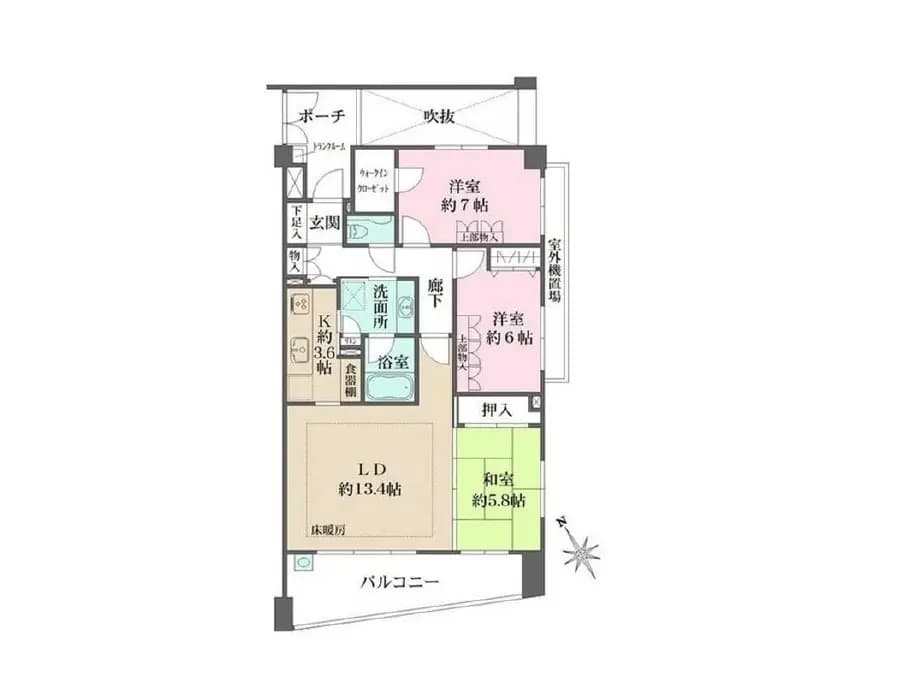 明確な間取り図が特徴的な新築マンションのユニット、広々としたリビングダイニングエリア、複数の寝室とバスルームを含む家族向け設計