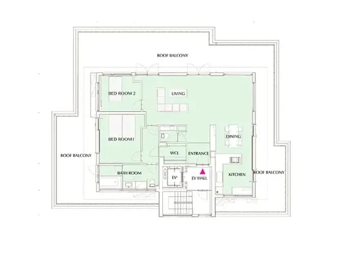 モダンなアパートメントの間取り図、屋上バルコニー付き、リビングルーム、ダイニングエリア、キッチン、バスルーム、寝室２部屋のレイアウト