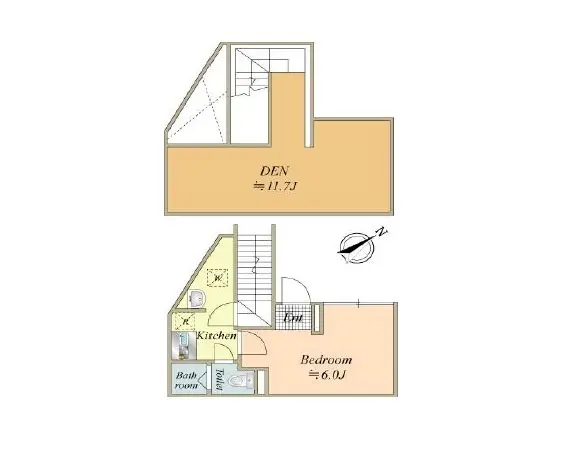 二階建ての間取り図、キッチン、バスルーム、ベッドルームを含む家のレイアウトデザイン