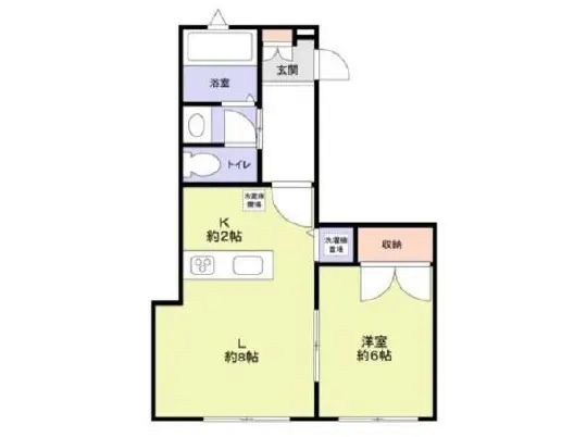 シンプルな間取り図、二LDK、明確に区分された居住スペースと寝室、バスとトイレ別、キッチン付き