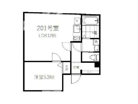 201号室の間取り図、リビングダイニングキッチン12畳に洋室5.3畳、分かりやすい設計図