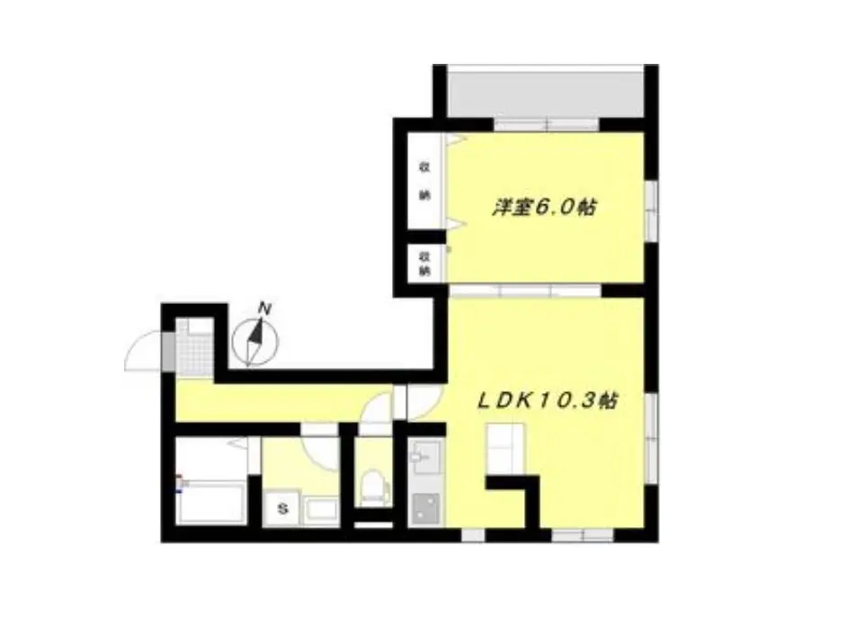 明確な間取り図、LDKと寝室の面積表示付き、北向きのシンプルなアパートプラン