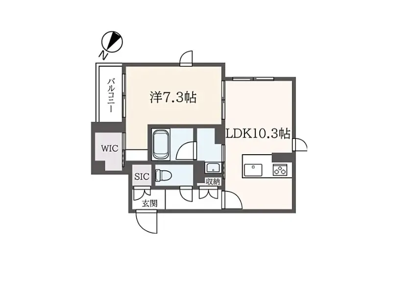 コンパクトで機能的な間取り図、LDK10.3帖に寝室7.3帖、ウォークインクローゼットとシューズクローゼットが付いた新築マンションプラン