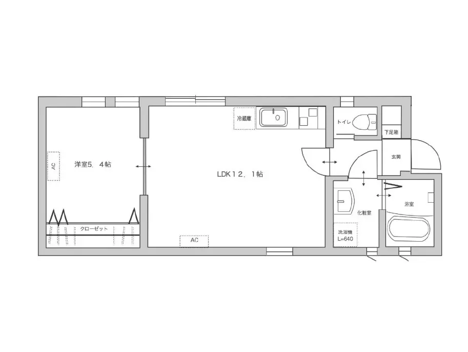 明確な間取り図が描かれたモダンなアパート、LDK 12畳、寝室とバスルーム付き、クローゼットとシューズボックスの収納スペース完備