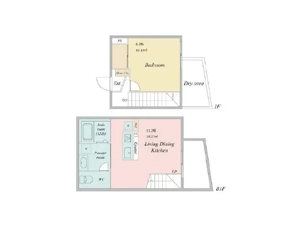 二階建ての住居の間取り図、ベッドルーム、リビングダイニングキッチン、パウダールームが記載されたシンプルなデザイン