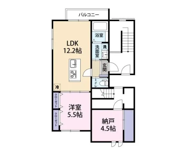 明確で機能的な間取り図、LDK 12.2畳に洋室と和室、バルコニー付きの快適な住居デザイン