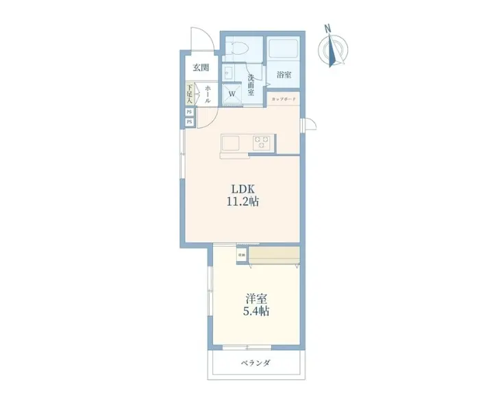 シンプルな1LDKの間取り図、11.2畳のリビングダイニングキッチンと5.4畳の洋室、バスルームとトイレ別