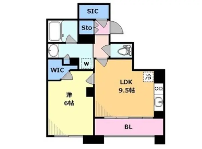 カラフルな間取り図、LDK、洗面所、バスルームが描かれた2LDKのアパートプラン