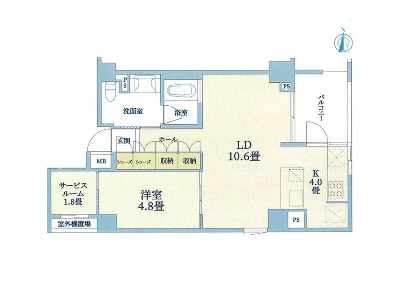 新築アパートの間取り図、LDK10.6帖にキッチン4帖、洗面所とバス・トイレ別、バルコニー付きデザイン