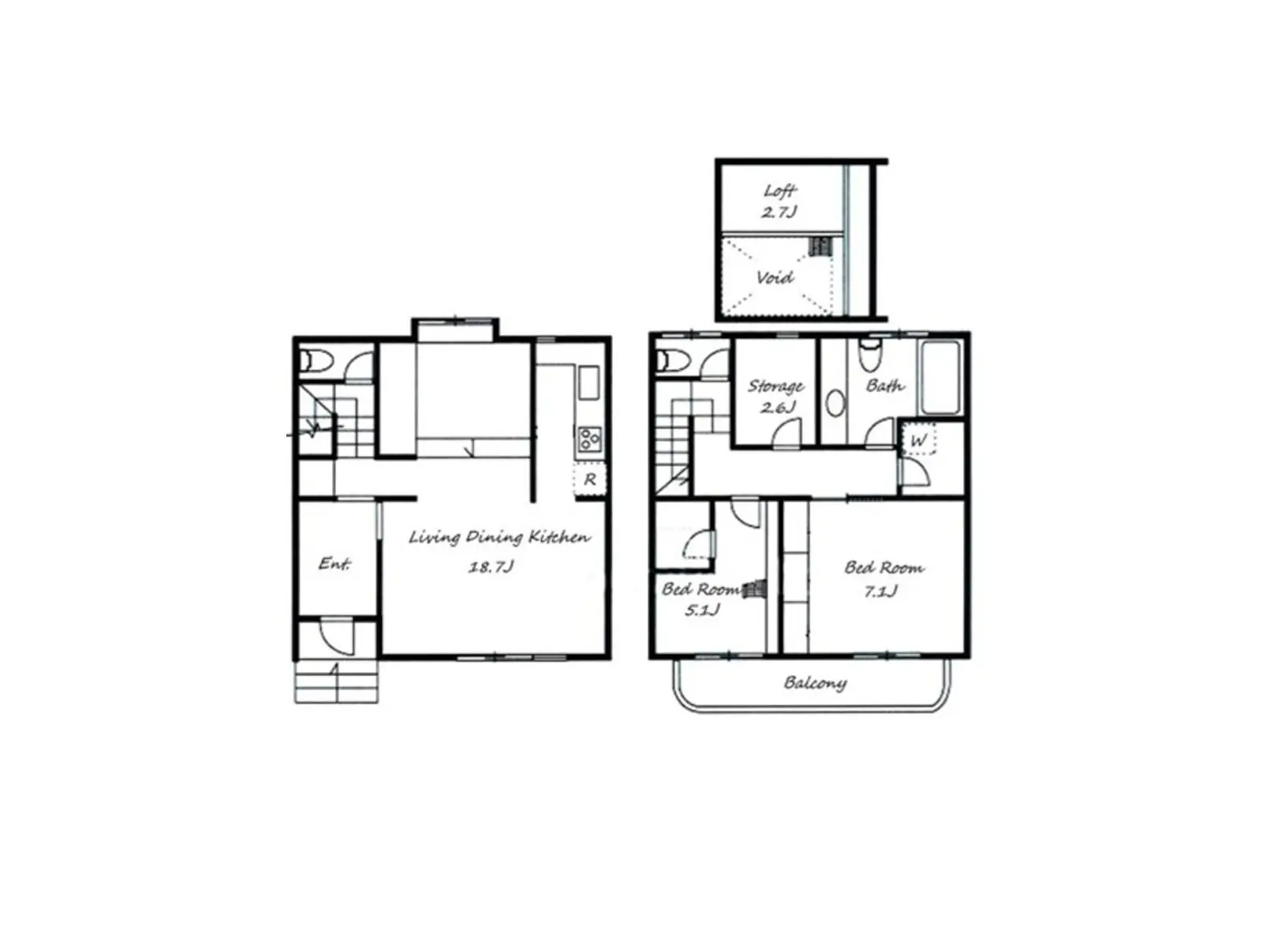 シンプルな間取り図、リビングダイニングキッチンと複数の寝室、バルコニー付きの住居設計図