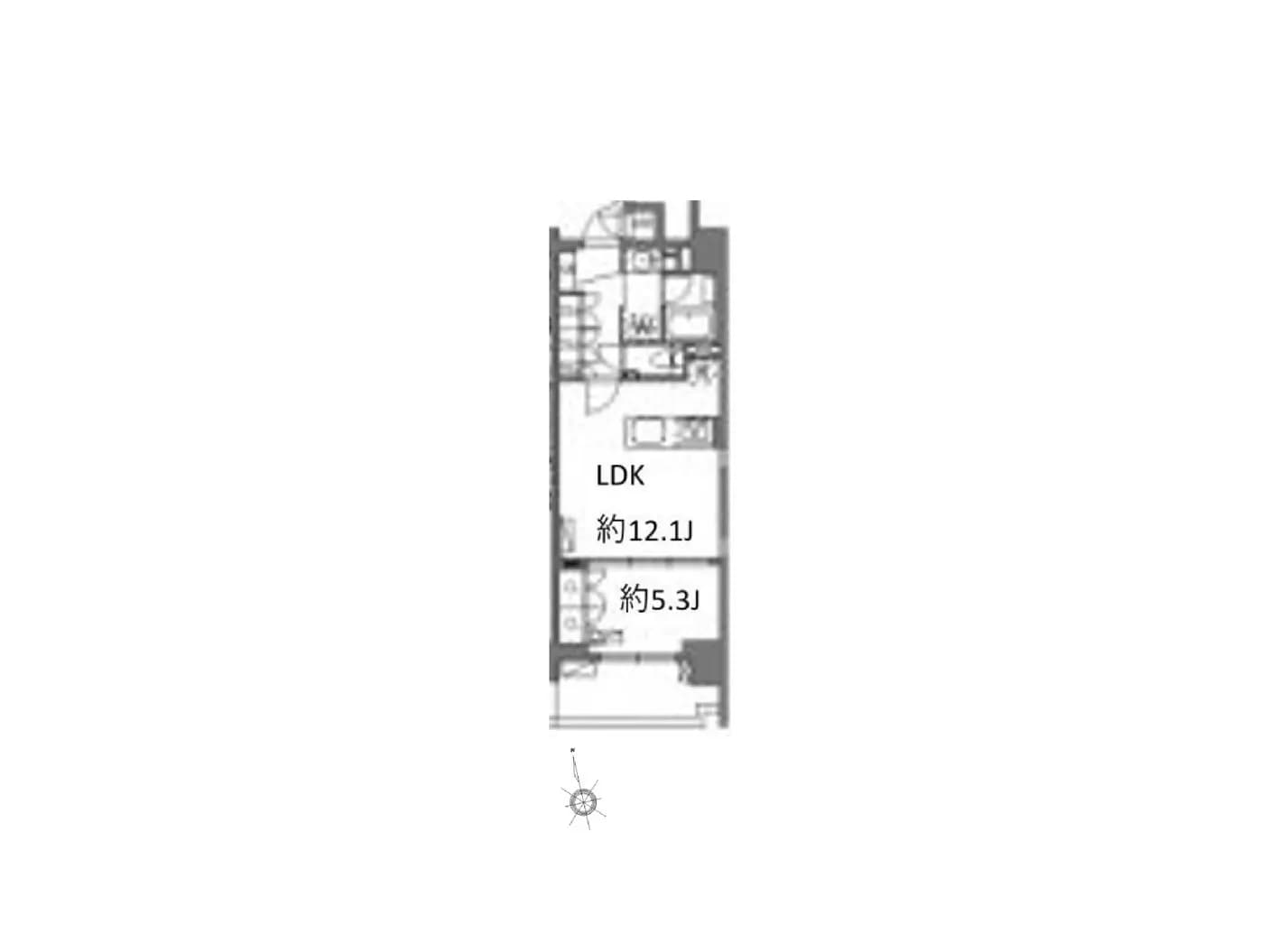 住宅の間取り図、LDK12.1帖と洋室5.3帖が記載された設計図