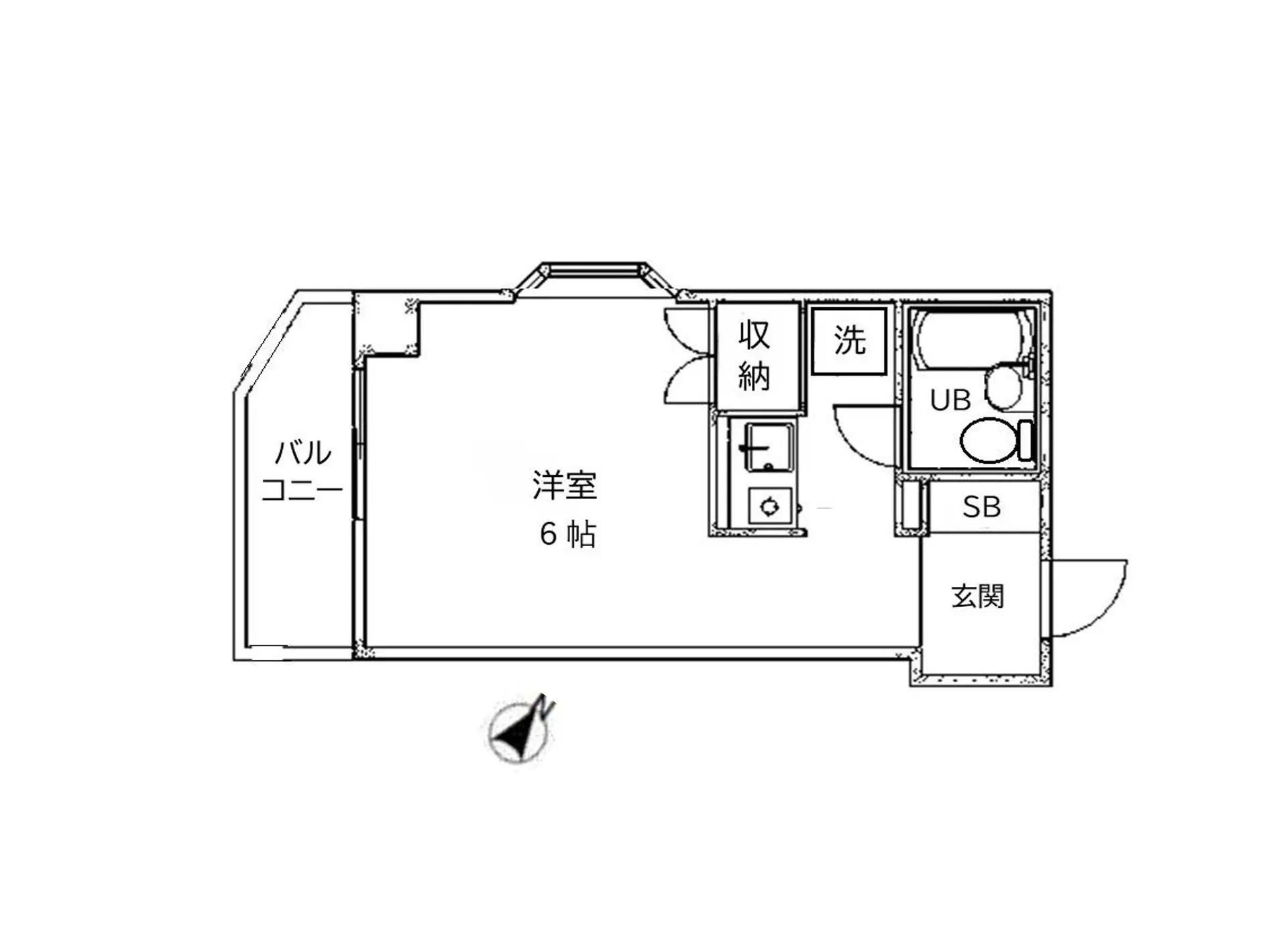 6畳ワンルームの間取り図、バルコニー付き、洋室とキッチン、ユニットバスが含まれるアパートの設計図
