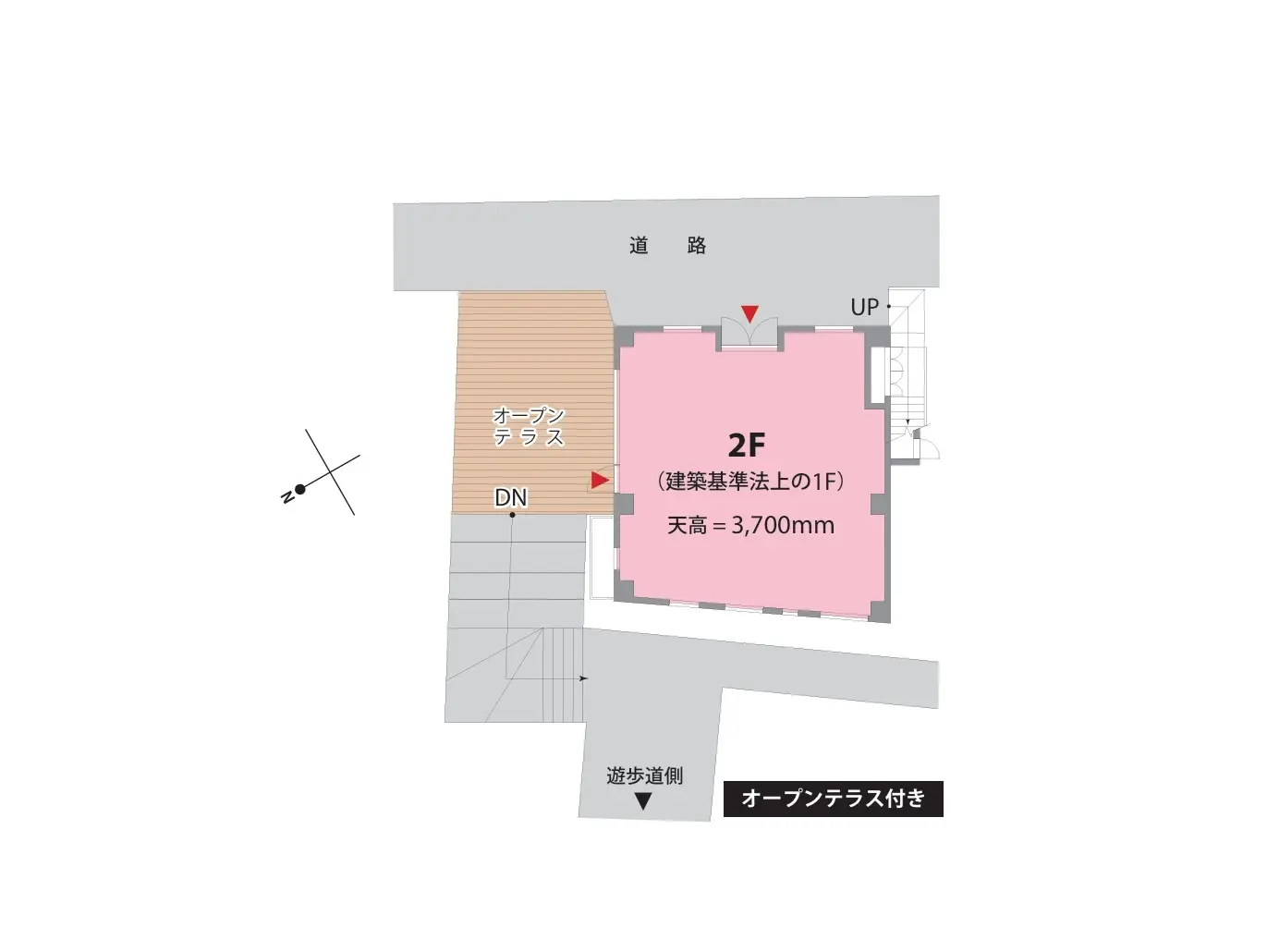- 2階フロアの間取り図、オープンテラスと階段の位置、天井高3,700mmの表記を含む設計図